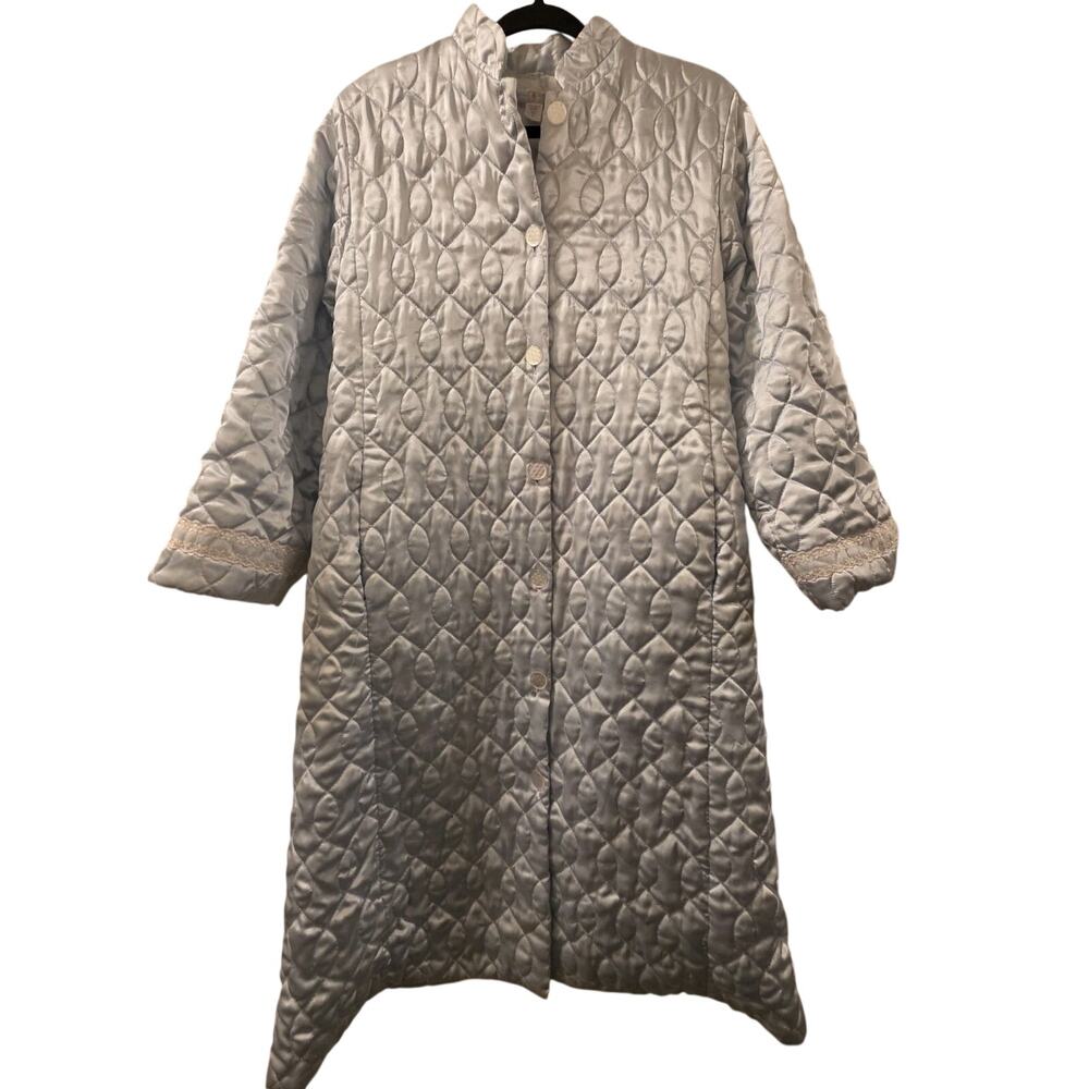 Vtg Carole Hoochman Blue Satin Quilted House Coat Nightgown Pockets Modest S
